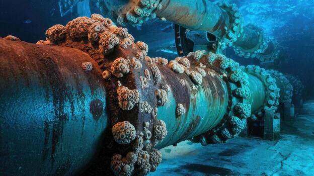 Rusty Pipeline Covered With Coral Sits Under the Sea photo
