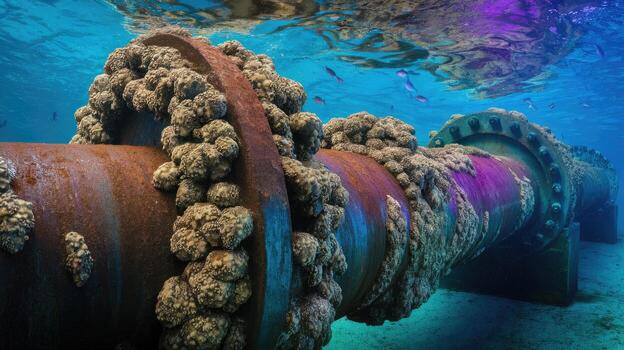 Old Metal Pipeline Structure Resting at the Bottom of the Turquoise Ocean photo