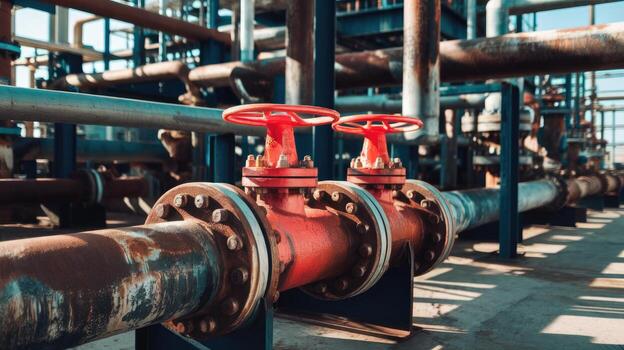 Rusty Industrial Pipeline System With Two Red Valves on a Sunny Day at a Factory photo