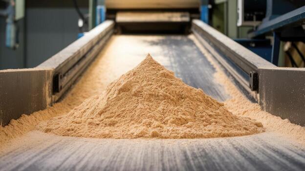 Pile of Sawdust on Moving Conveyor Belt in a Wood Processing Factory photo