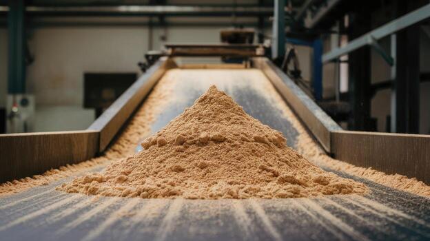Large Pile of Sawdust on a Moving Conveyor Belt in Factory photo