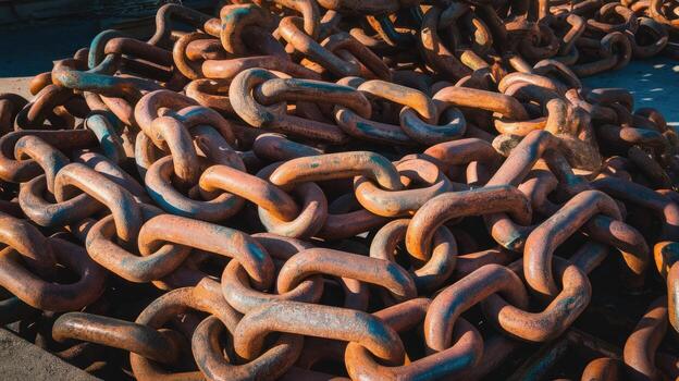 Large Pile of Weathered Steel Chains Rests in Sunlight, Showing Age and Strength photo
