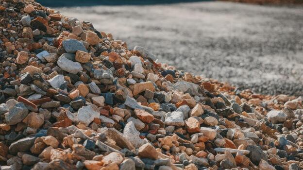 Pile of Stones and Rubble Sits Next to a Paved Surface During the Day photo
