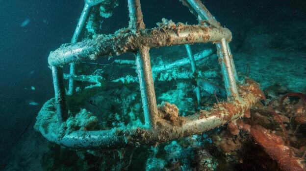 Sunken Metal Structure Covered in Growth Rests on the Ocean Floor photo