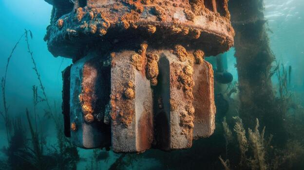 Underwater View of a Rusty, Decayed Gear Mechanism in Clear, Blue Water photo