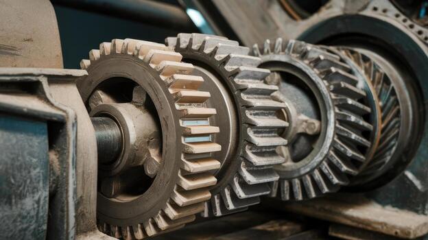 Close View on Several Connected Metal Gears in an Old Machine photo