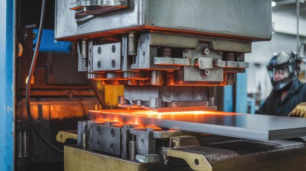 Metal Sheet Being Processed by a Hydraulic Press in a Factory photo