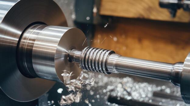 Metal Turning on a Machine Creating Screw Threads in a Factory photo