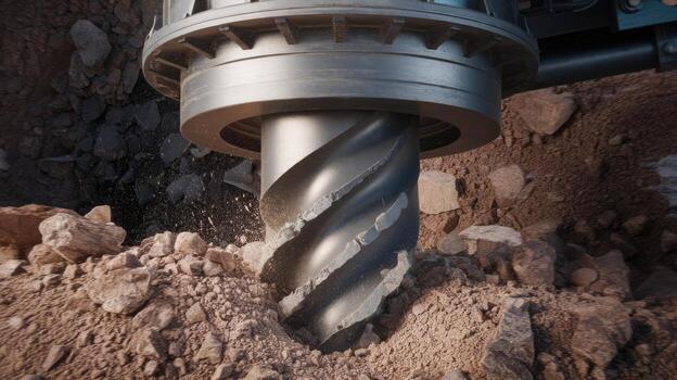 Close up of Drilling Machine Making Hole Into Rock and Dirt Ground photo