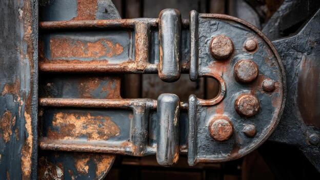 Up Close of a Rusted, Industrial, Metallic Hinge and Wheel Mechanism photo