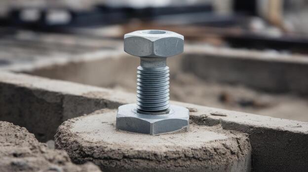 Close up of Large Bolt Securing Concrete Blocks During Construction photo