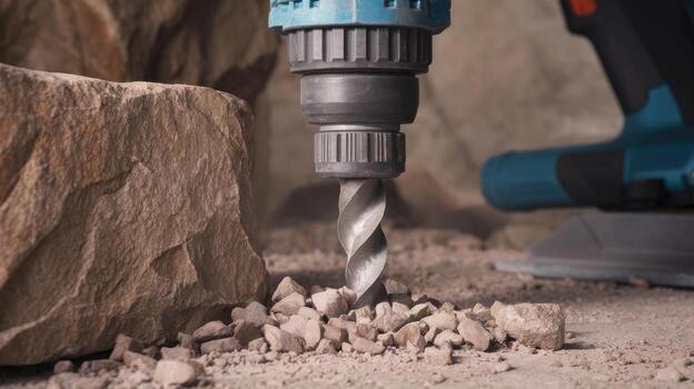 Drill Bit Bores Into Rock at Construction Site in the Afternoon Creating Stone Debris photo