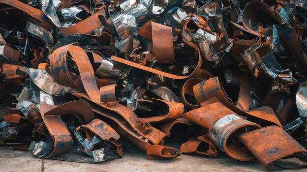 Rusty Scrap Metal Pieces Piled Together in a Scrapyard on a Cloudy Day photo