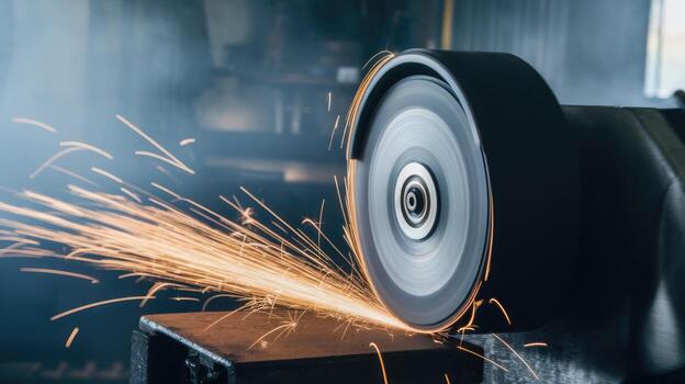 Grinding Wheel Cuts Metal With Flying Sparks in Factory Workshop photo