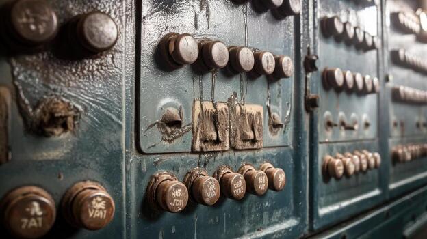 Old Industrial Control Panel Shows Aged Metal Buttons and Switches photo