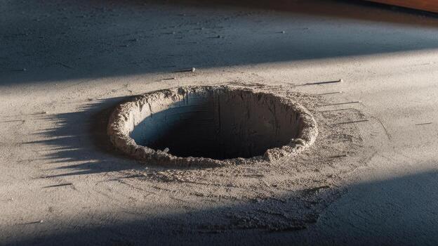 Round Hole With Rough Edges is Located on a Concrete or Plaster Surface in the Late Afternoon photo