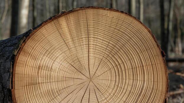 Cross Section of Cut Tree Trunk Displays Growth Rings in Forest photo