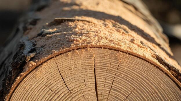 Close View of a Cut Tree Log With Bark and Visible Growth Rings in Daylight photo