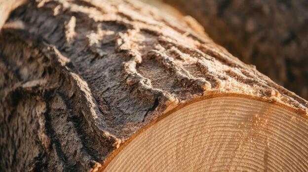 Close up of a Cut Tree Trunk Showing the Growth Rings and Rough Bark Texture photo