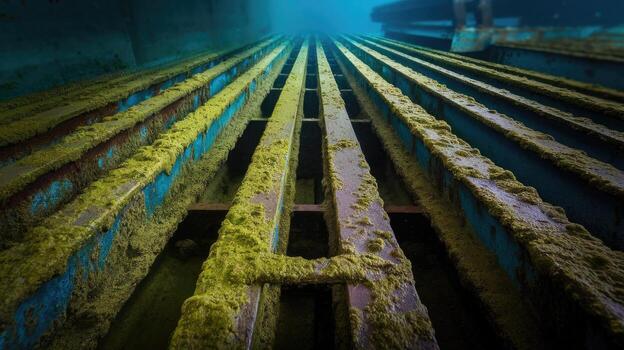 Underwater Metal Grid Structures Covered With Moss at Deep Ocean photo