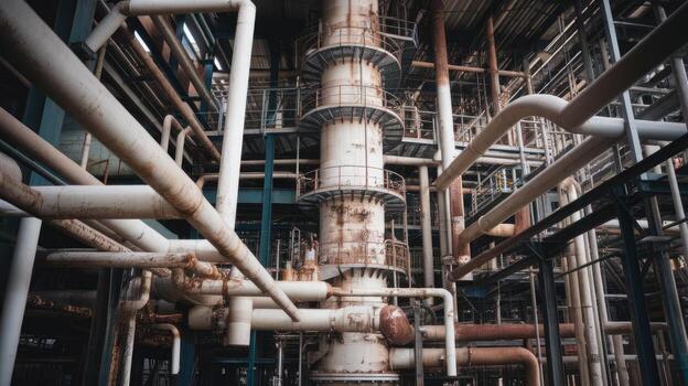 Industrial Complex Featuring Rusty Pipes and Metal Structures photo