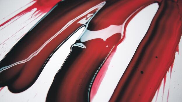 Red and Black Fluid Streams Across a Bright White Surface, Creating an Abstract Pattern photo