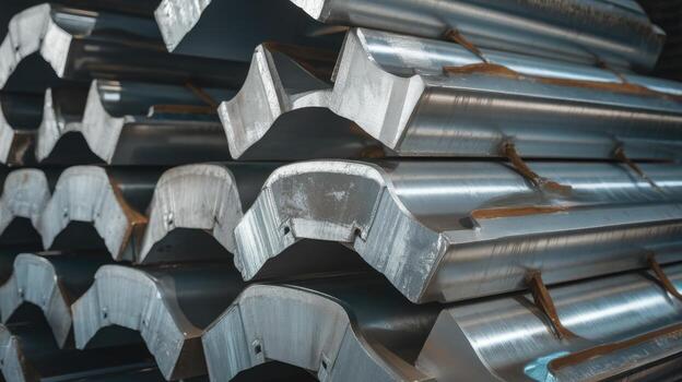 apilado, brillante, plata de colores metal vigas con único forma en almacén o fábrica foto