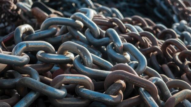 Metal Chains Lying in a Pile Under Daylight, Showing Signs of Rust and Usage photo