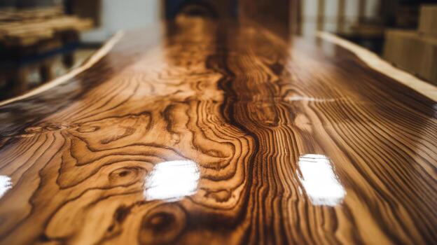 Wood Slab With Unique Grain Pattern and Shiny Finish in a Woodworking Workshop photo