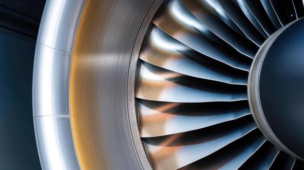 Close up of a Modern, Gleaming Jet Engine Rotor and Fan Blades photo