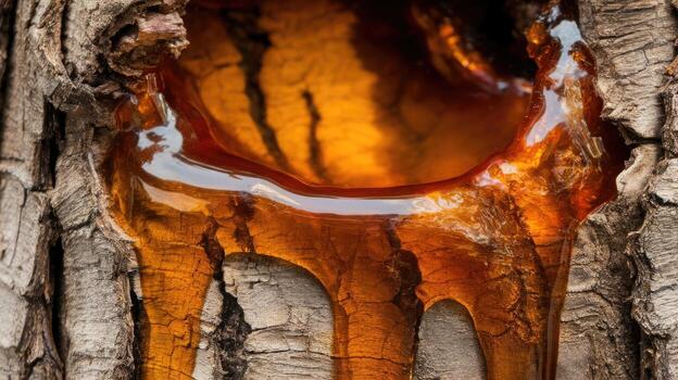 Amber Resin Flowing Down an Old Tree Trunk in Sunlight photo