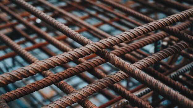 Rusty Steel Rebar Lattice Pattern Lies Crisscrossed for Construction Support at a Building Site photo