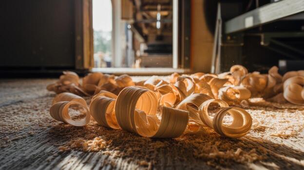 Wood Shavings and Sawdust Scattered on the Floor of a Workshop photo