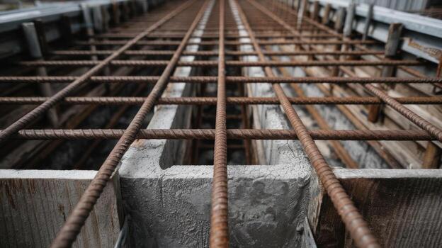 Rusty Reinforcement Bars Laid out in a Concrete Form for Construction photo
