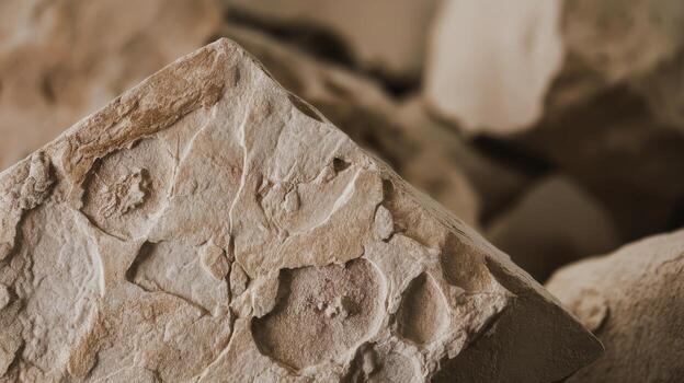 Close up View of Old Limestone Block With Fossilized Remains on the Surface photo