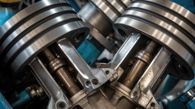 Close up of Pistons and Connecting Rods of an Internal Combustion V Engine photo