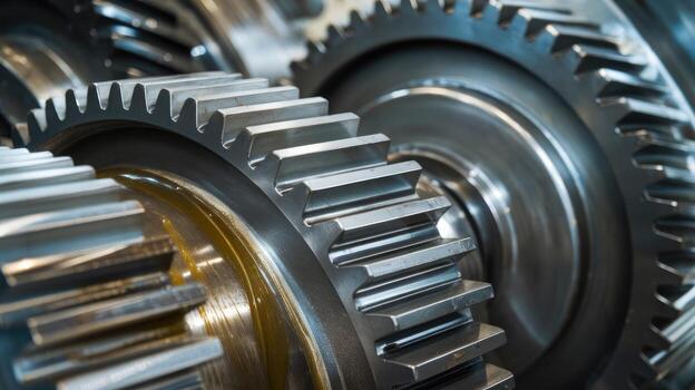 Close View Showing Interlocking Shiny Metal Gears in a Complex Mechanical System photo