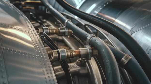 Close up of the Powerful Jet Engine of an Aircraft With Metallic Details and Tubing photo