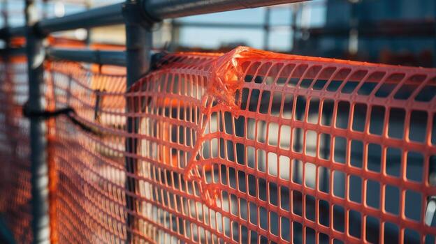 Orange Construction Netting Stretches Across Metal Scaffolding in Broad Daylight photo