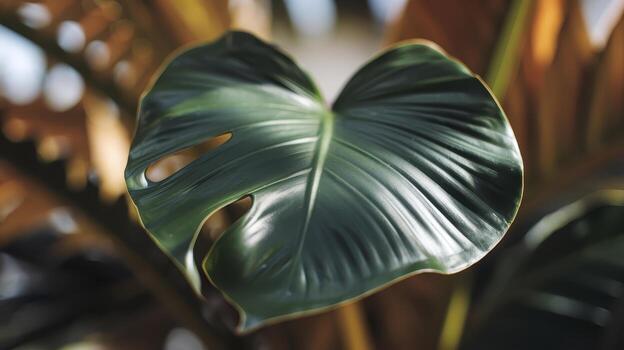 Close up View of a Glossy Green Monstera Leaf With a Hole, Indoors During the Day photo