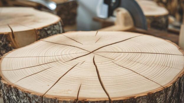 Close up of Sawn Tree Trunk Showing Annual Rings With Axe Tool Behind photo