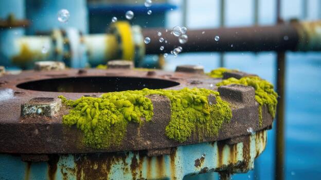 Rusty Metal Flange Covered With Green Growth Near Water Surface on a Partly Cloudy Day photo