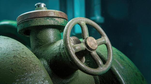 Industrial Valve on an Old Pipeline System Inside a Building, Close Up photo