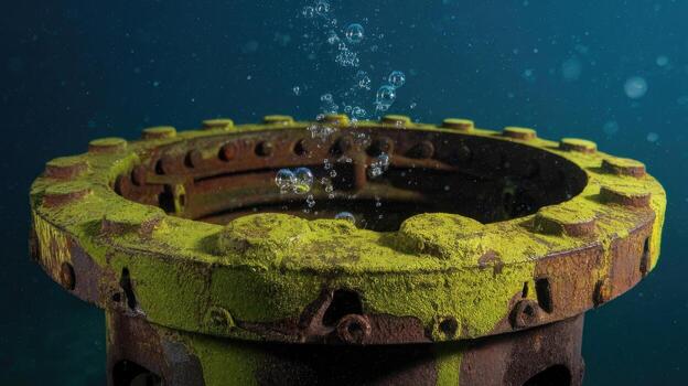 Underwater Metal Structure Covered With Growth Emitting Air Bubbles photo