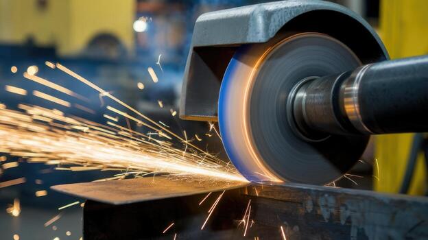Grinding Metal With a Powerful Tool Creating Many Sparks in a Factory photo