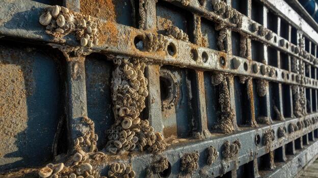 Close up Shows Rusty Metal Structure With Barnacles Attached During Daylight photo