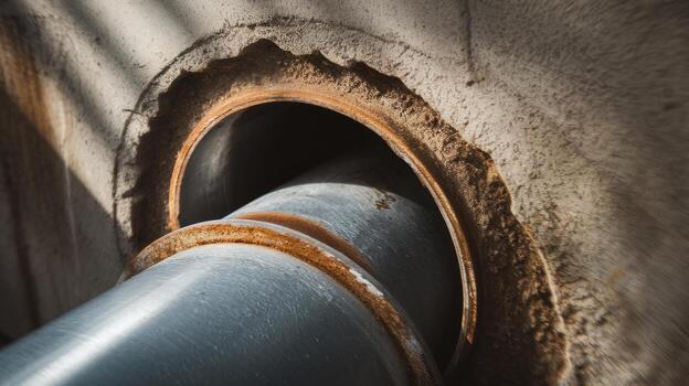 Grey Pipe Going Through Concrete Wall With Weathered and Rusty Metal Ring in Daytime photo