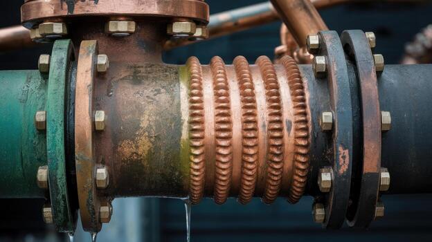 Close up of Corroded Copper Piping and Joint With Visible Water Leak photo