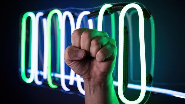 Person Clenching Fist in Front of Neon Green and White Light Display photo