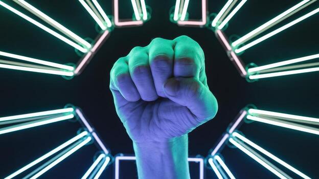 Raised Fist Illuminated by Futuristic Neon Lights in a Dark Place photo